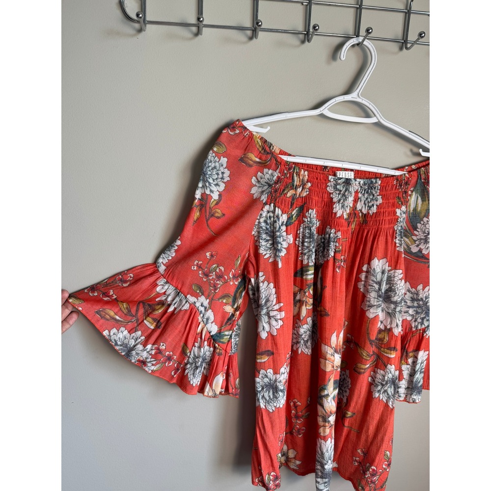 SPENSE Floral Off The Shoulder Smocked Bell Sleeve Top L Boho Cottagecore Orange